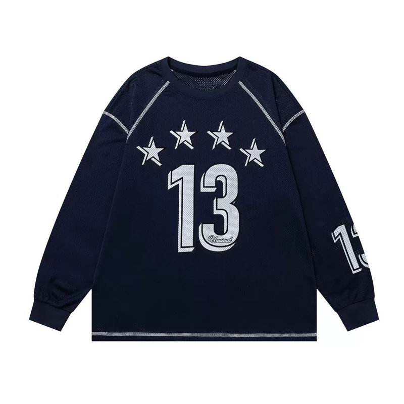 Navy long-sleeve mesh jersey front view with stars and large number 13 graphic