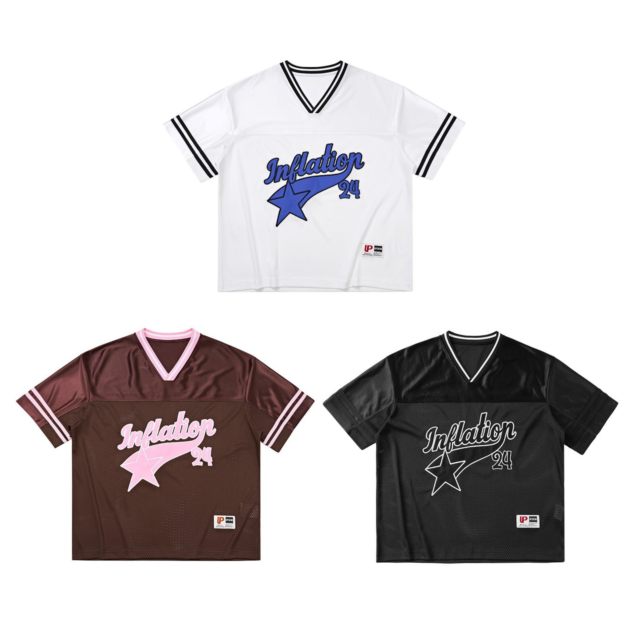 White mesh varsity jersey with blue Inflation 24 script and shooting star graphic, contrast black striped V-neck and sleeve t
