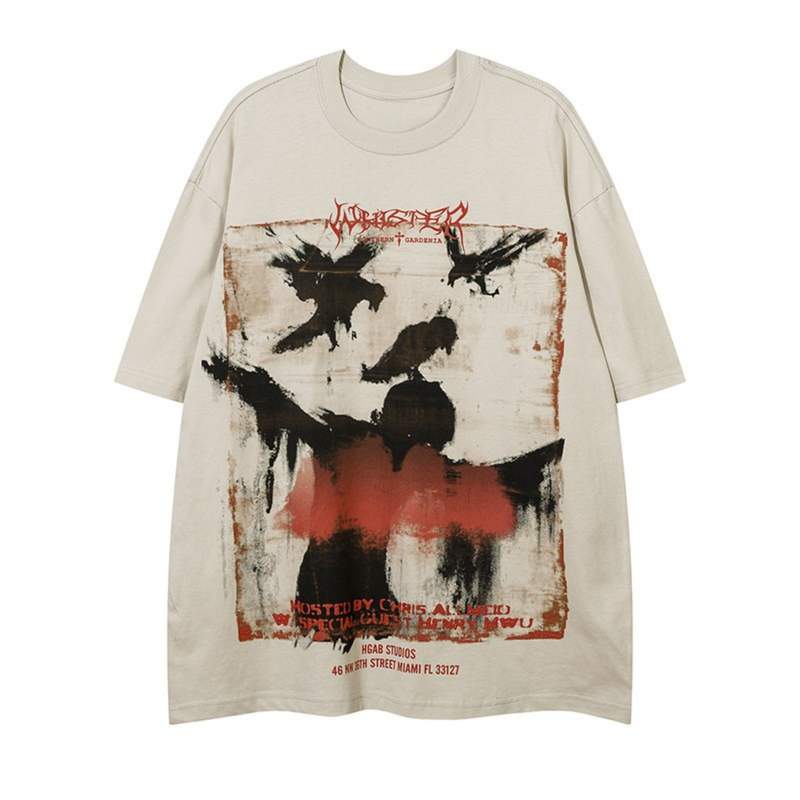 Oversized cream gothic tee with distressed raven graphic and red abstract print on the front