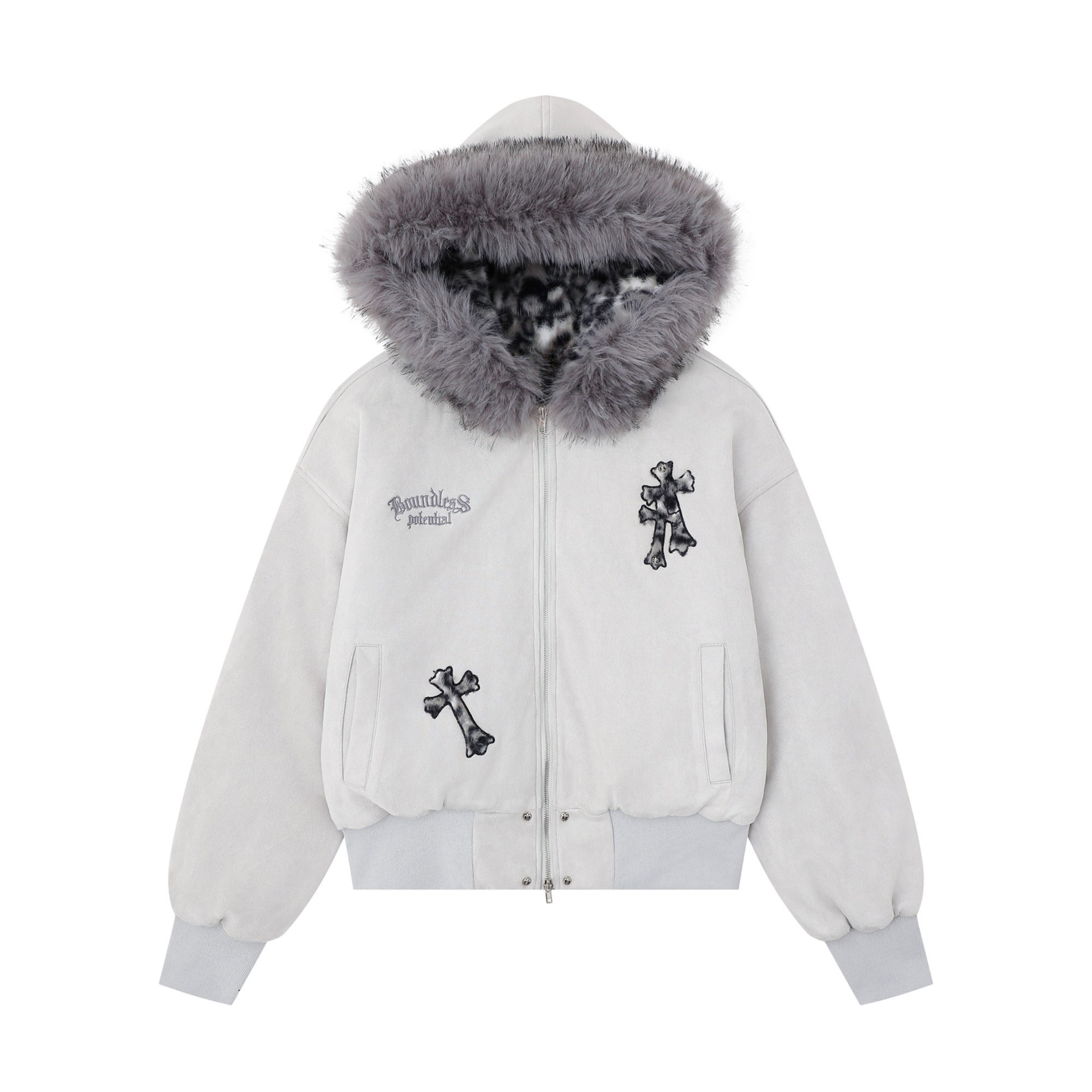 Cross Patch Faux Fur Hood Bomber Jacket | Streetwear