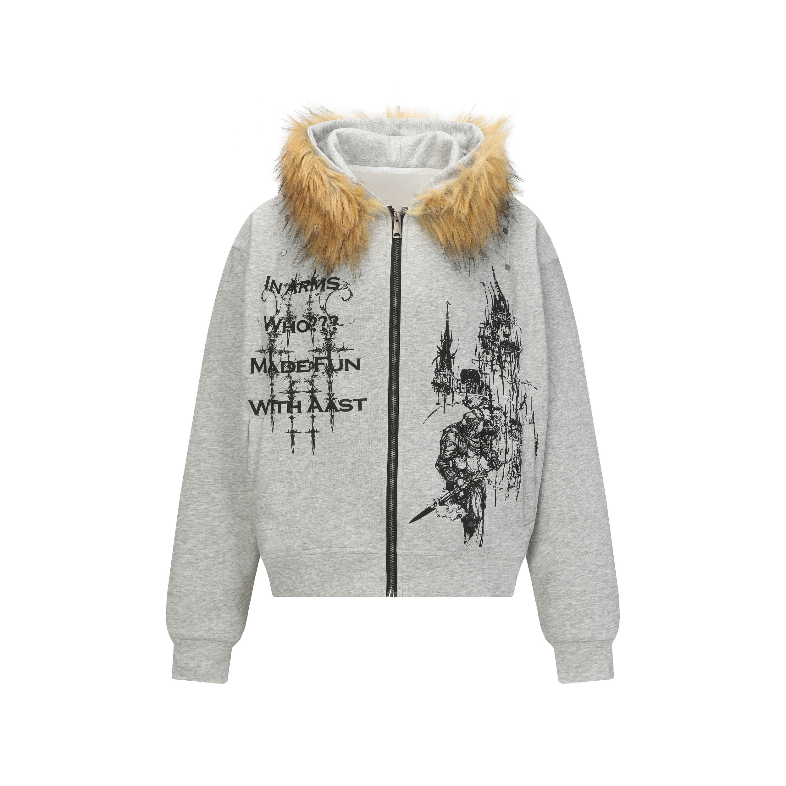 Gothic Faux Fur Hood Zip Hoodie | Medieval Knight Graphic