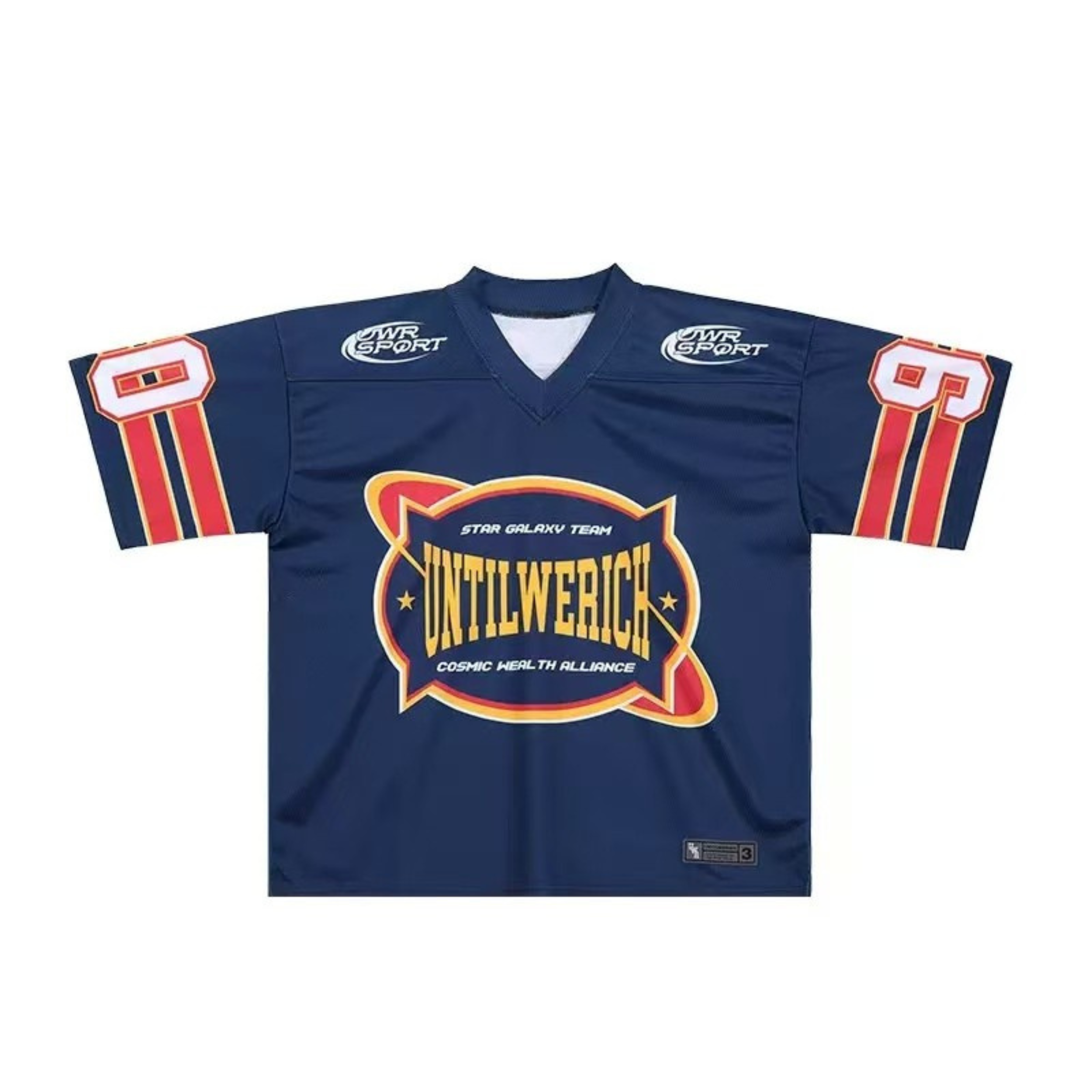 Navy blue oversized football mesh jersey with UntilWeRich galaxy badge graphic and red stripe sleeve detailing