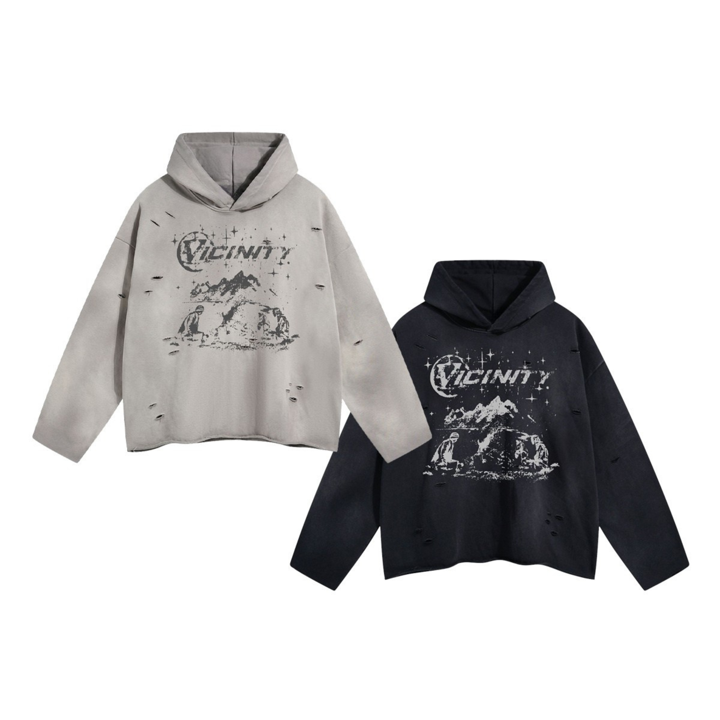 Oversized grey distressed hoodie with Vicinity celestial mountain graphic print and intentional rip detailing on chest and sl
