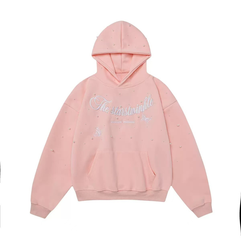 Pink pearl embellished pullover hoodie shown from the front