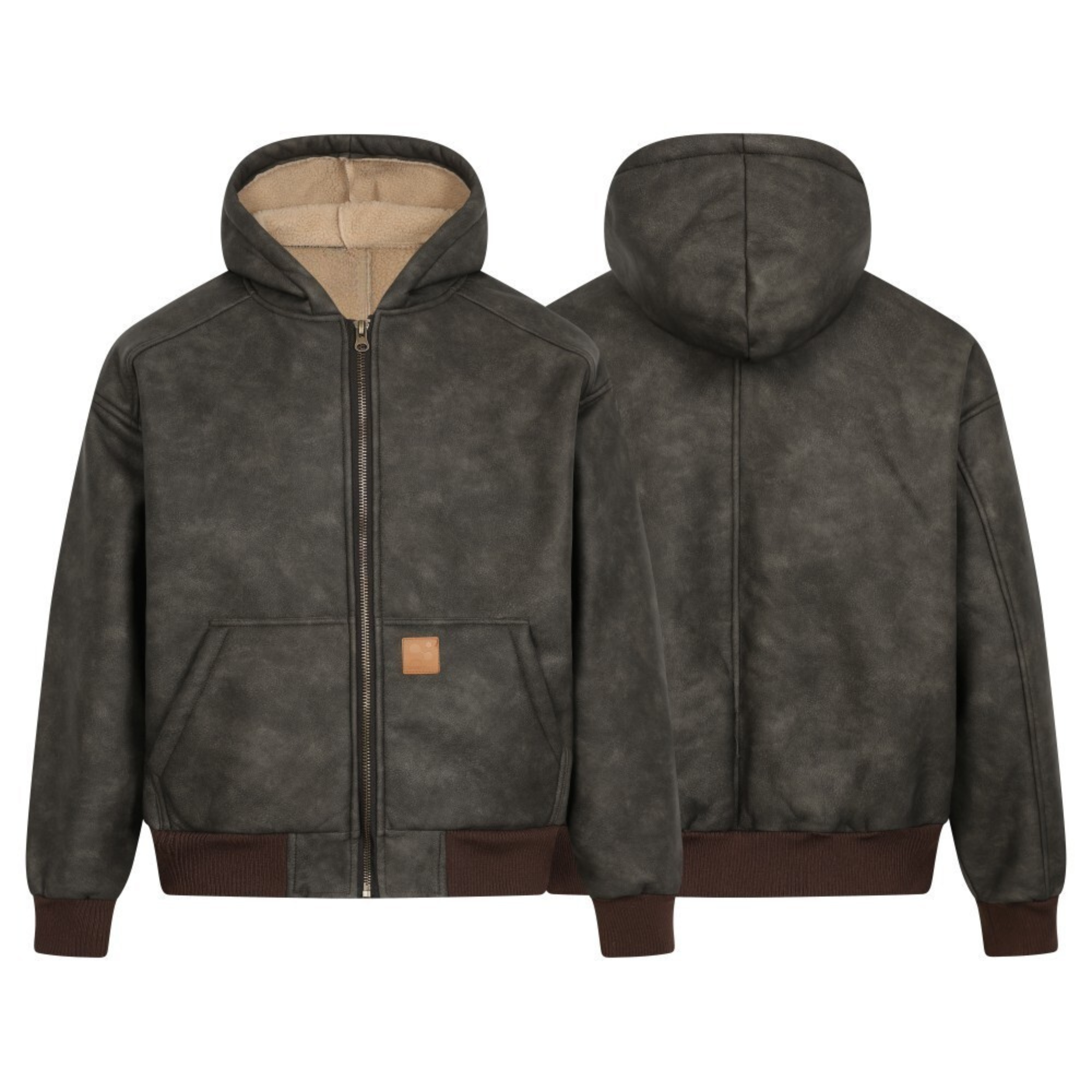 Front and back view of a charcoal distressed PU hooded bomber jacket with fleece lining and ribbed cuffs