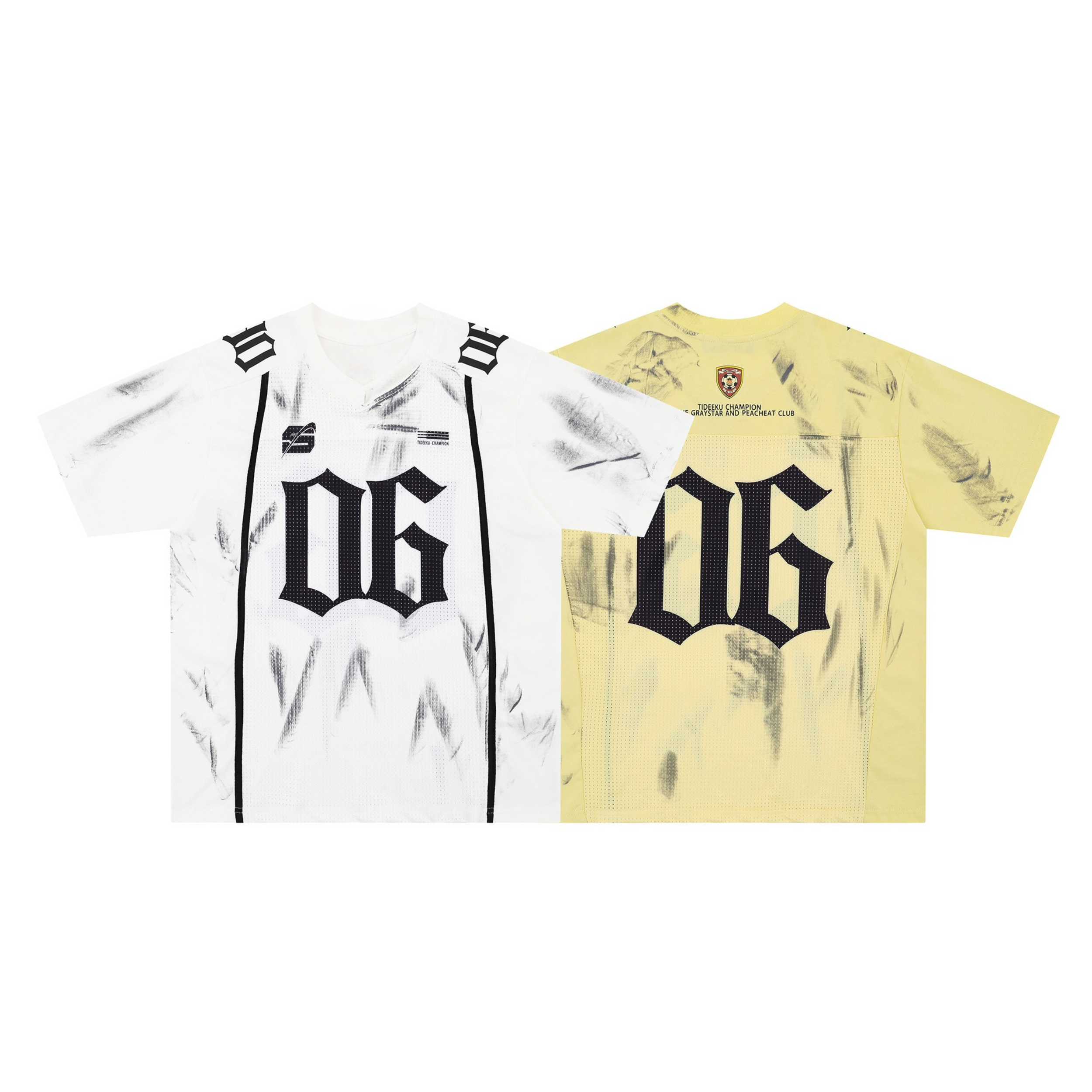 Front and back view of white and yellow Omirad OG 06 washed athletic mesh jersey tee with Old English number graphic