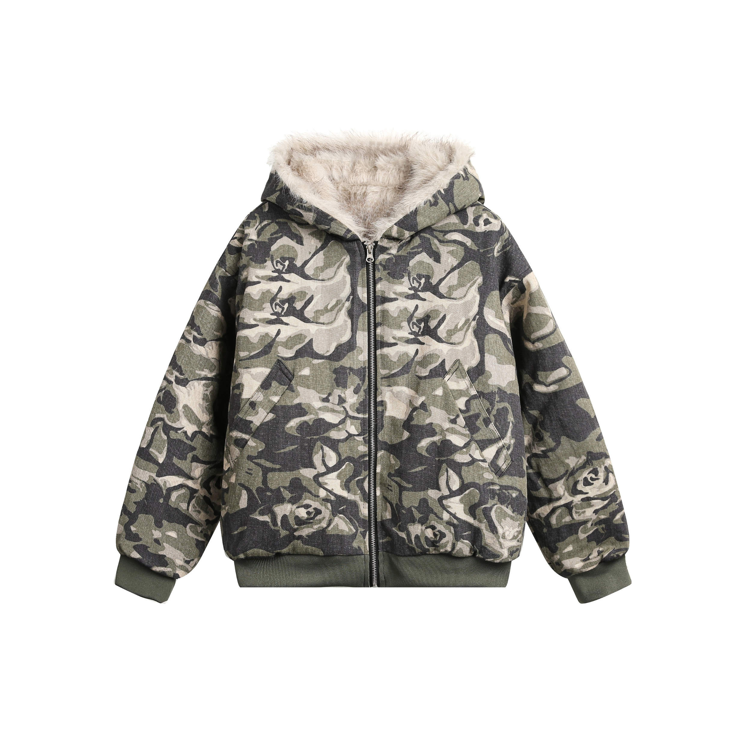 Camo Faux Fur-Lined Hooded Bomber Jacket | 100% Cotton