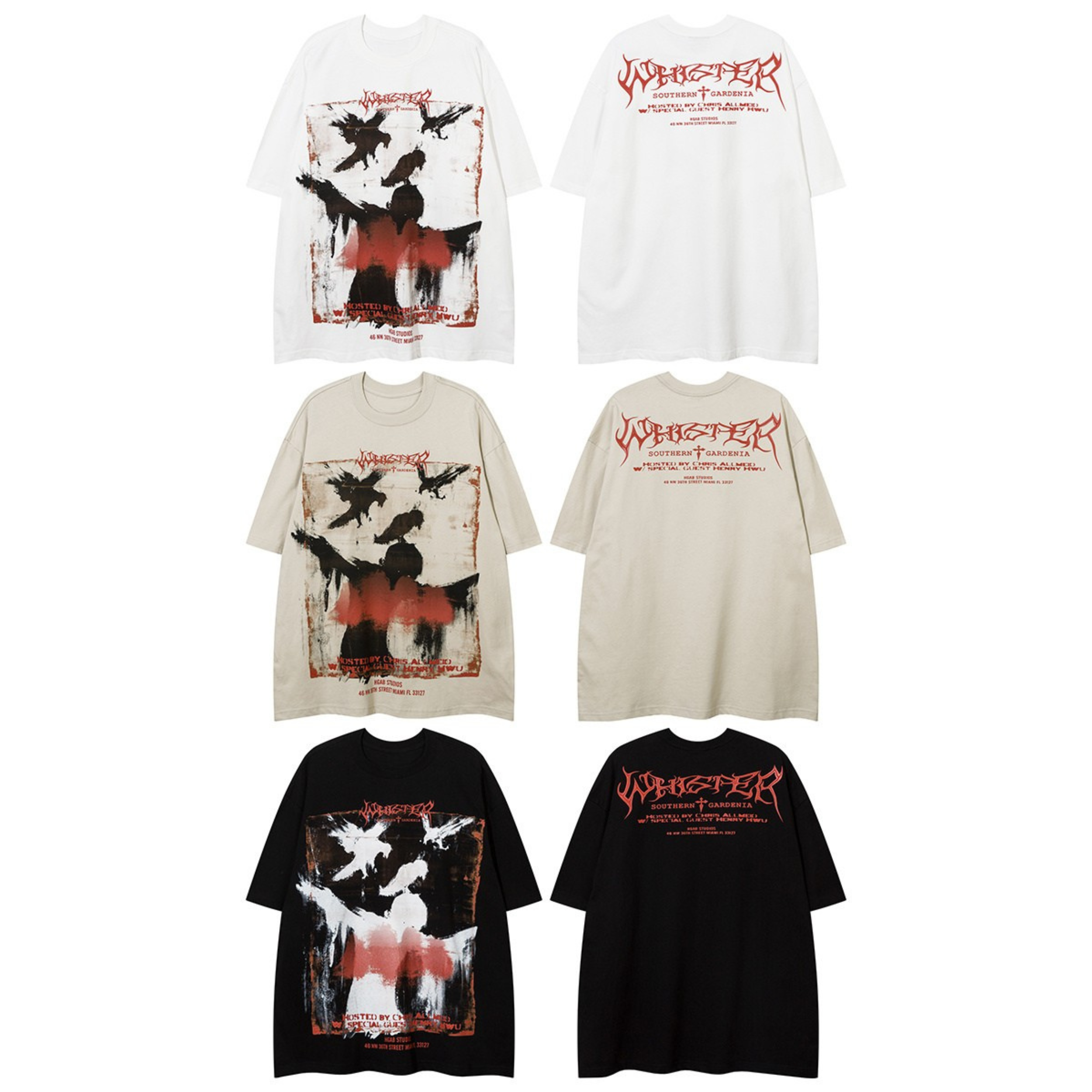 White oversized graphic tee with distressed abstract raven collage print in black and red on the front