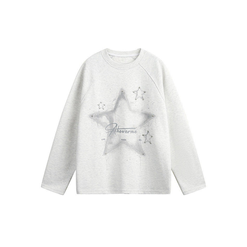 Light gray long sleeve tee with star graphic and script print on the front