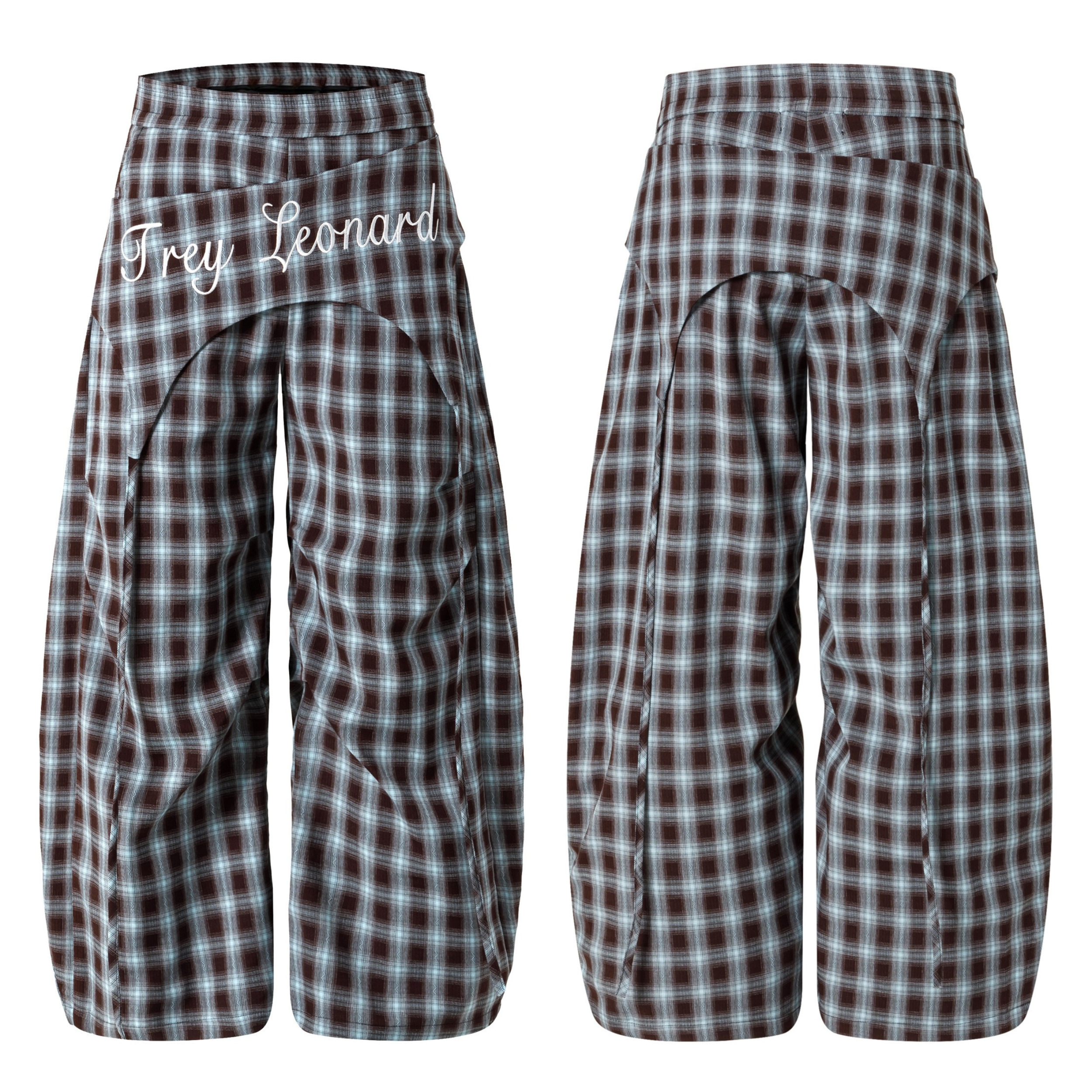 Front and back view of Trey Leonard brown and blue plaid overlay wide-leg pants with embroidered script logo