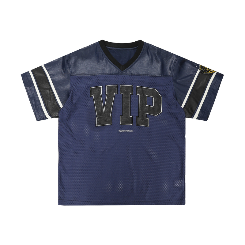 Navy mesh football tee with oversized VIP print, leather-look sleeves and black V-neck collar