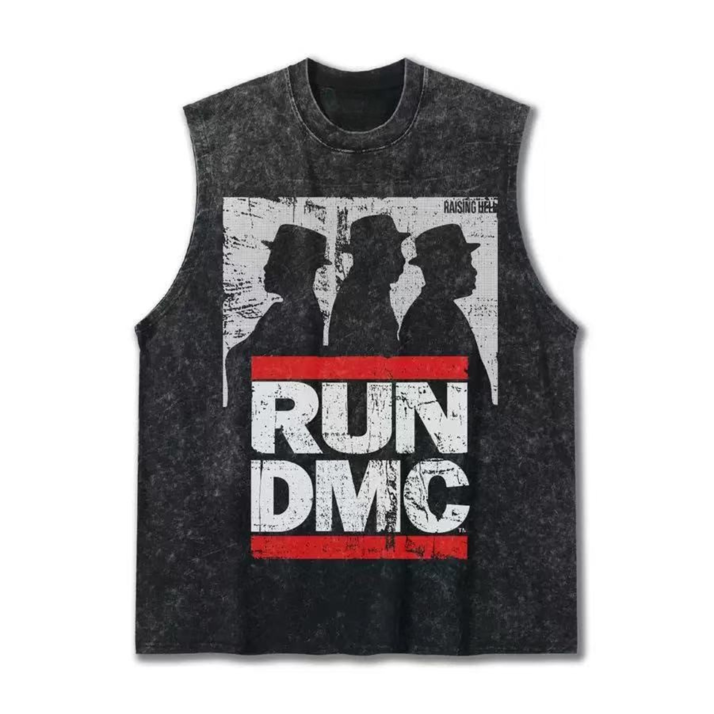 Mineral washed charcoal sleeveless tee with distressed Run DMC Raising Hell graphic print and three silhouettes in fedora hat