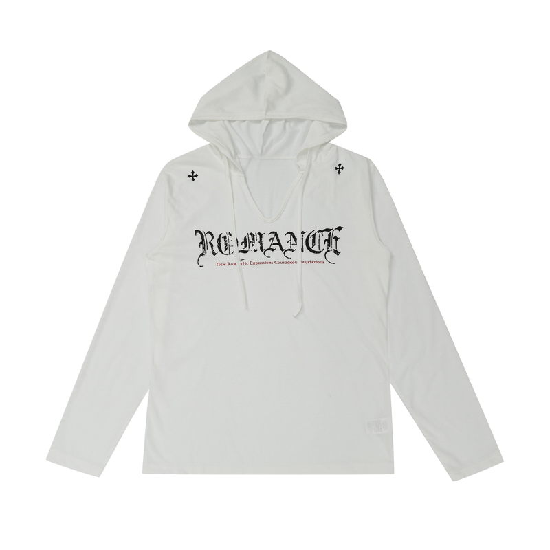 White V-neck hooded long sleeve top with black gothic logo and small chest symbols, front view