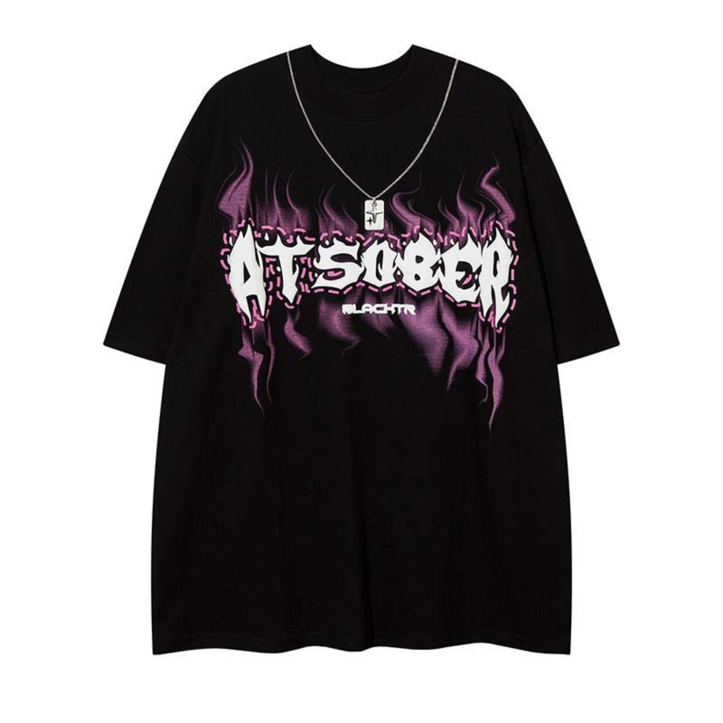 Black oversized graphic tee with purple flame print and bold white ATSOBER logo on the chest