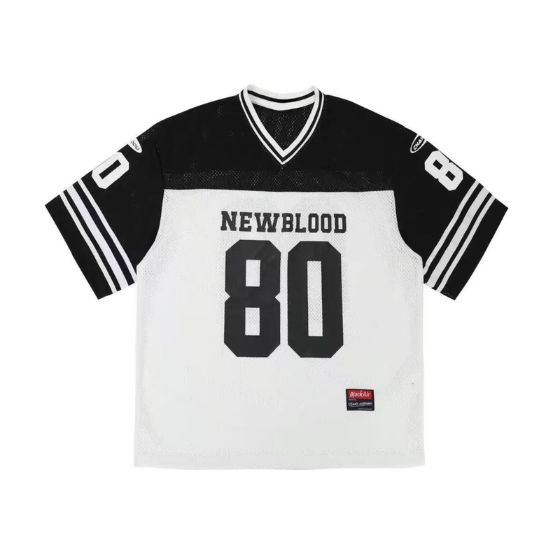 Black and white Newblood 80 football jersey tee with V-neck, striped sleeves, and oversized number 80 front print