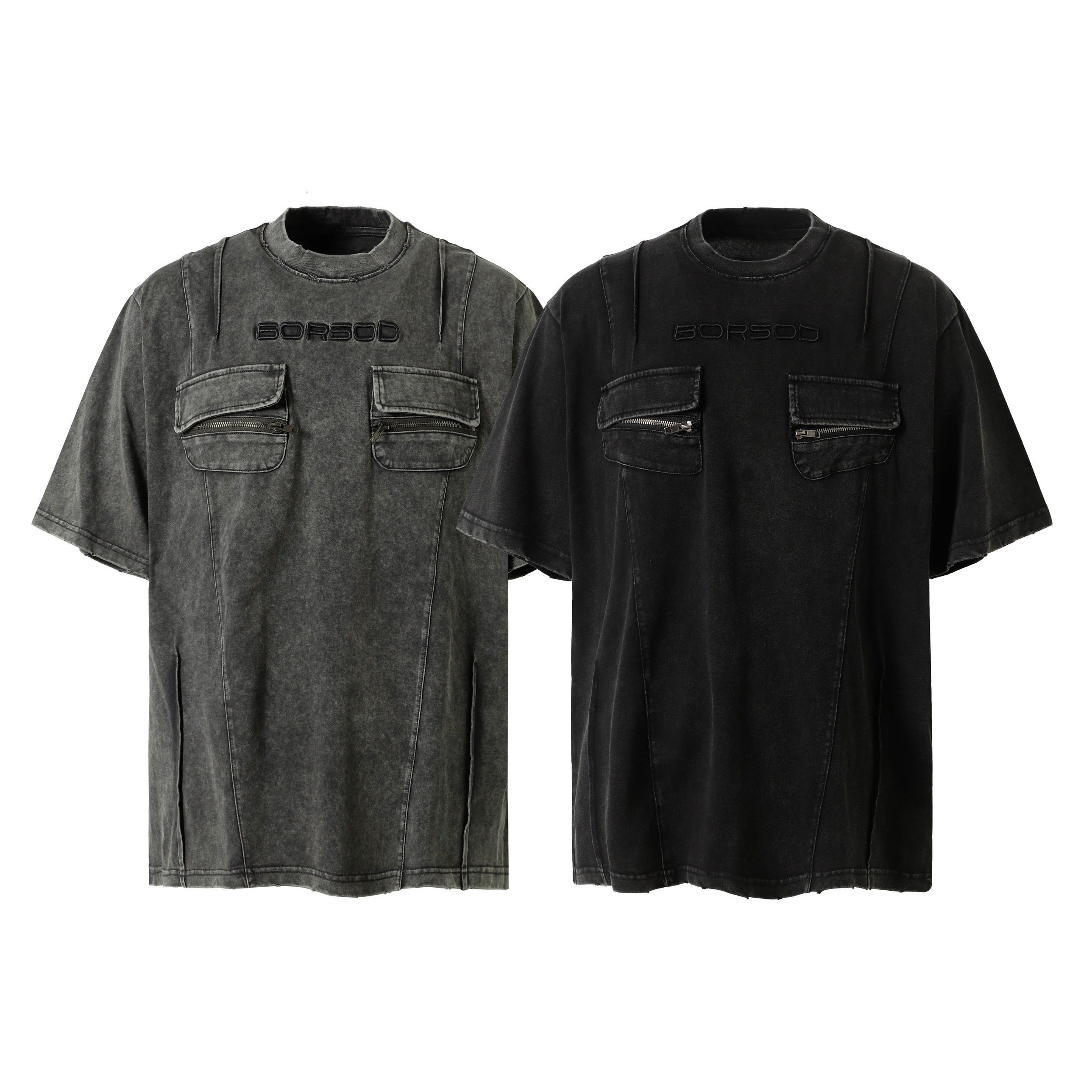 Borsod utility washed tee in charcoal grey and black, featuring dual zip chest pockets and embossed logo, flat lay on white b