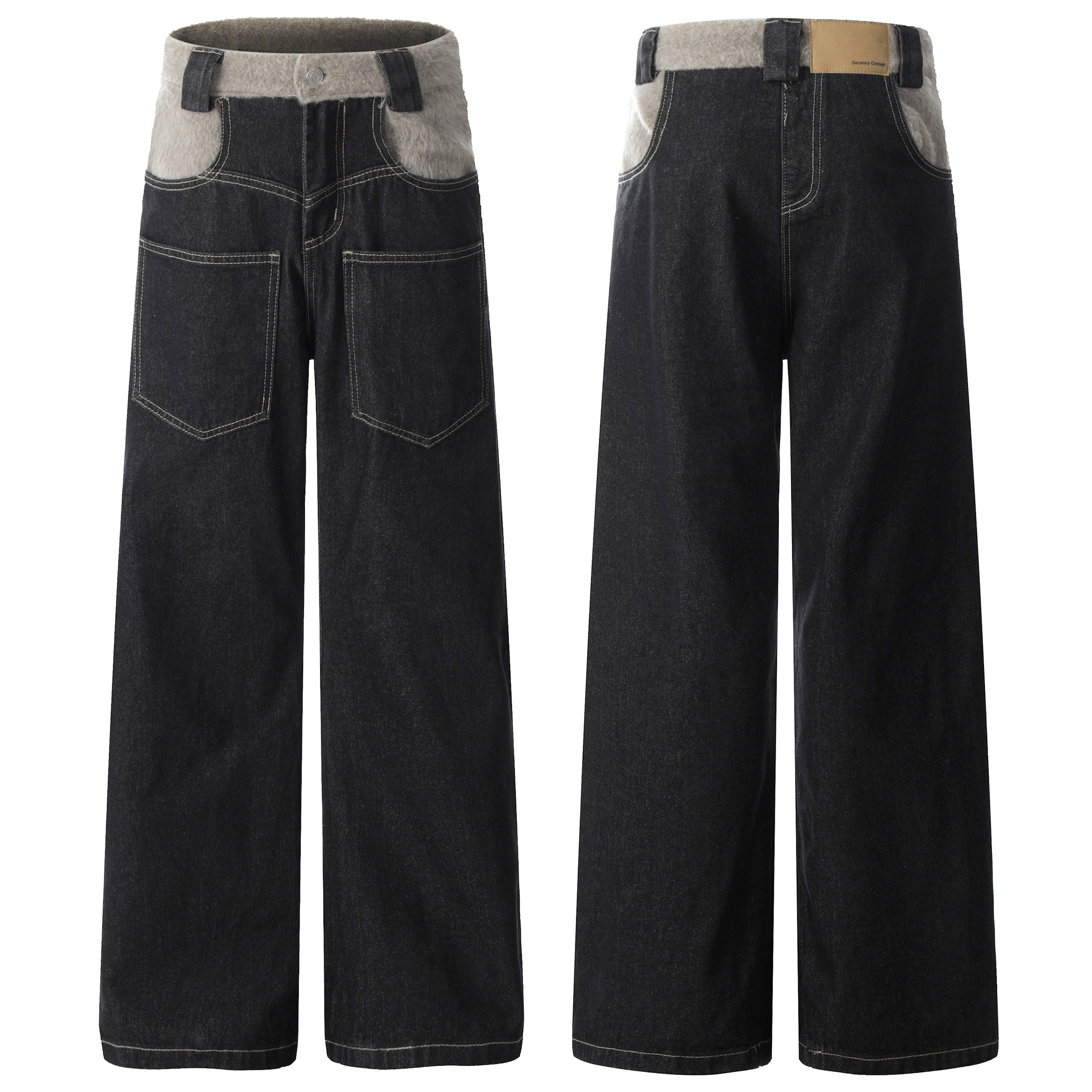Dark wash wide-leg denim pants with grey faux fleece waistband, shown from front and back on white background