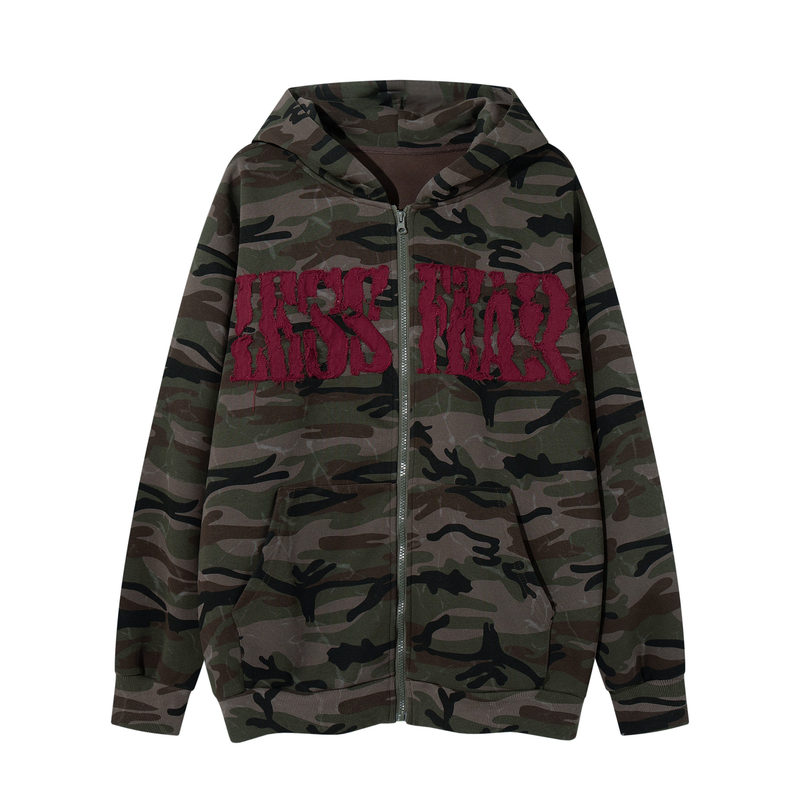 Front view of camouflage zip-up hoodie with burgundy chenille varsity lettering