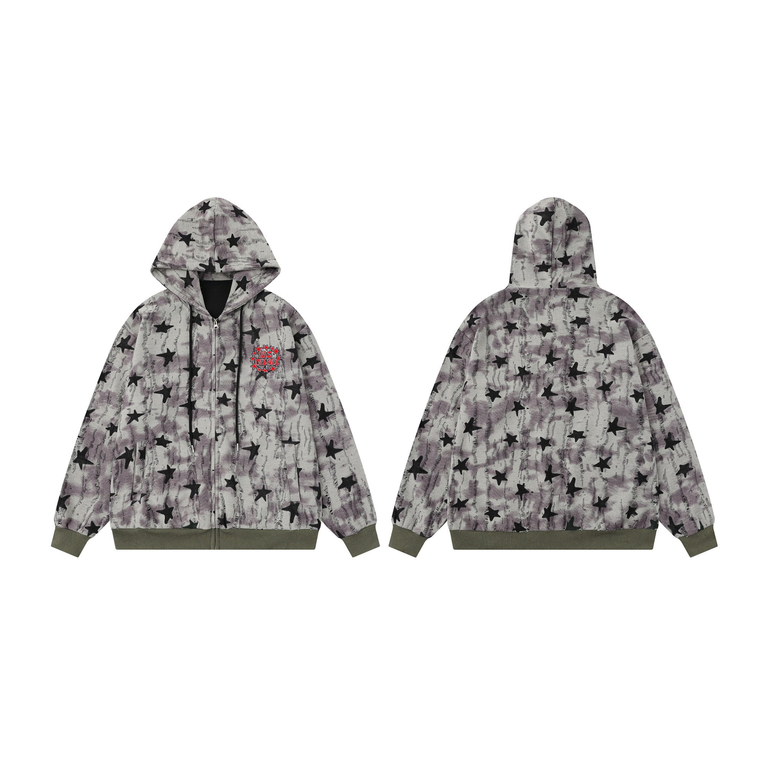 Front and back view of an oversized grey washed zip hoodie with all-over black star print and olive green ribbed cuffs