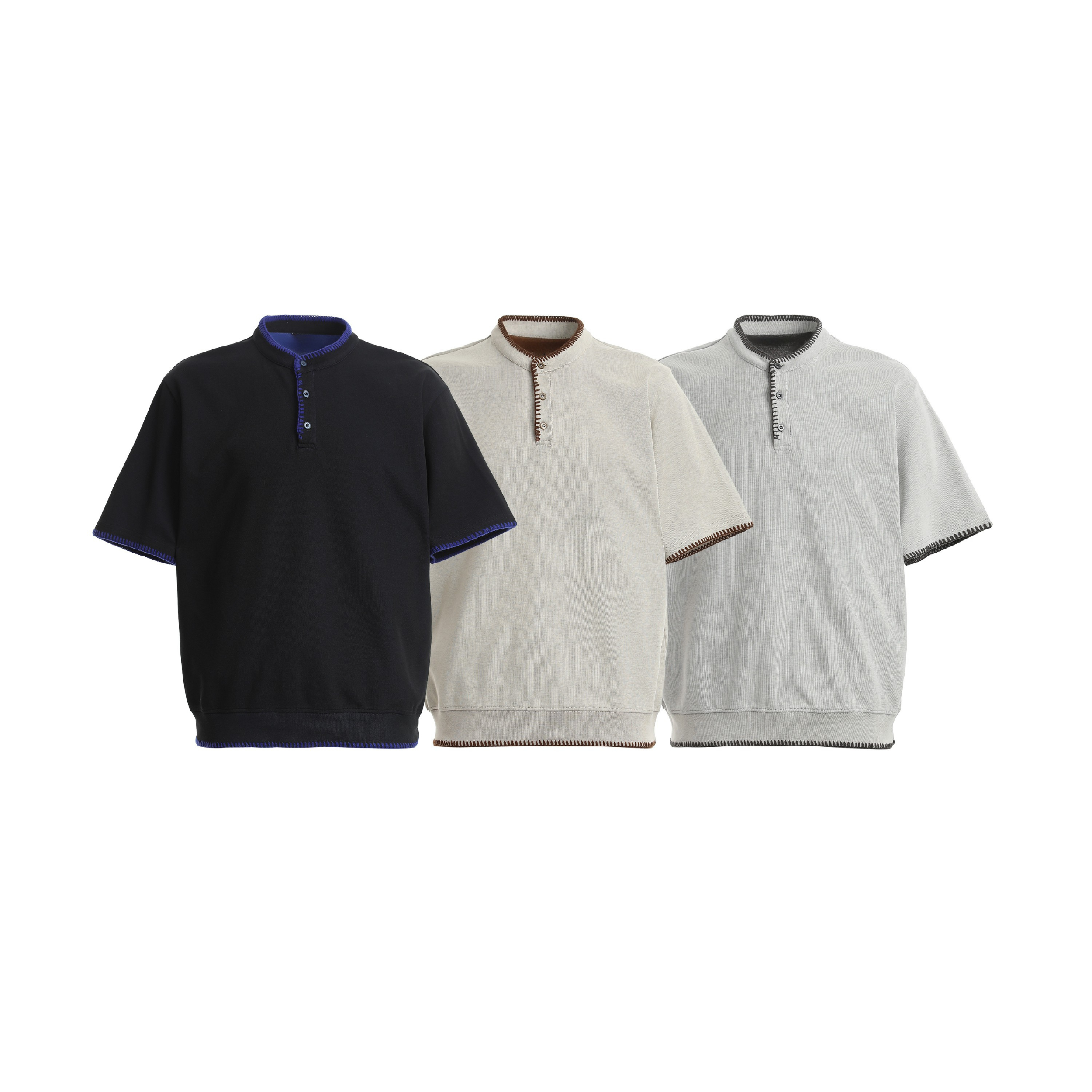 Three Omirad Contrast Stitch Henley Tees displayed side by side in black, cream, and light grey colorways