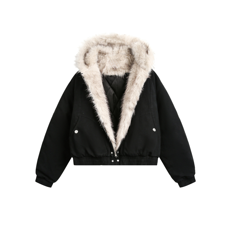 Oversized Faux Fur-Trim Hooded Cropped Bomber Jacket