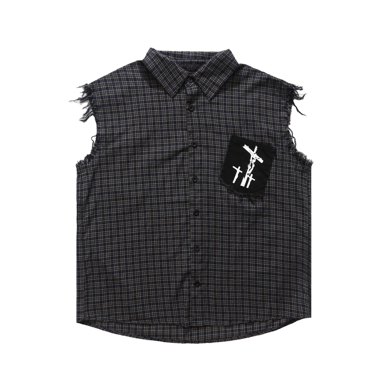Front view of dark plaid sleeveless shirt with button front, raw-edge armholes, and graphic chest patch