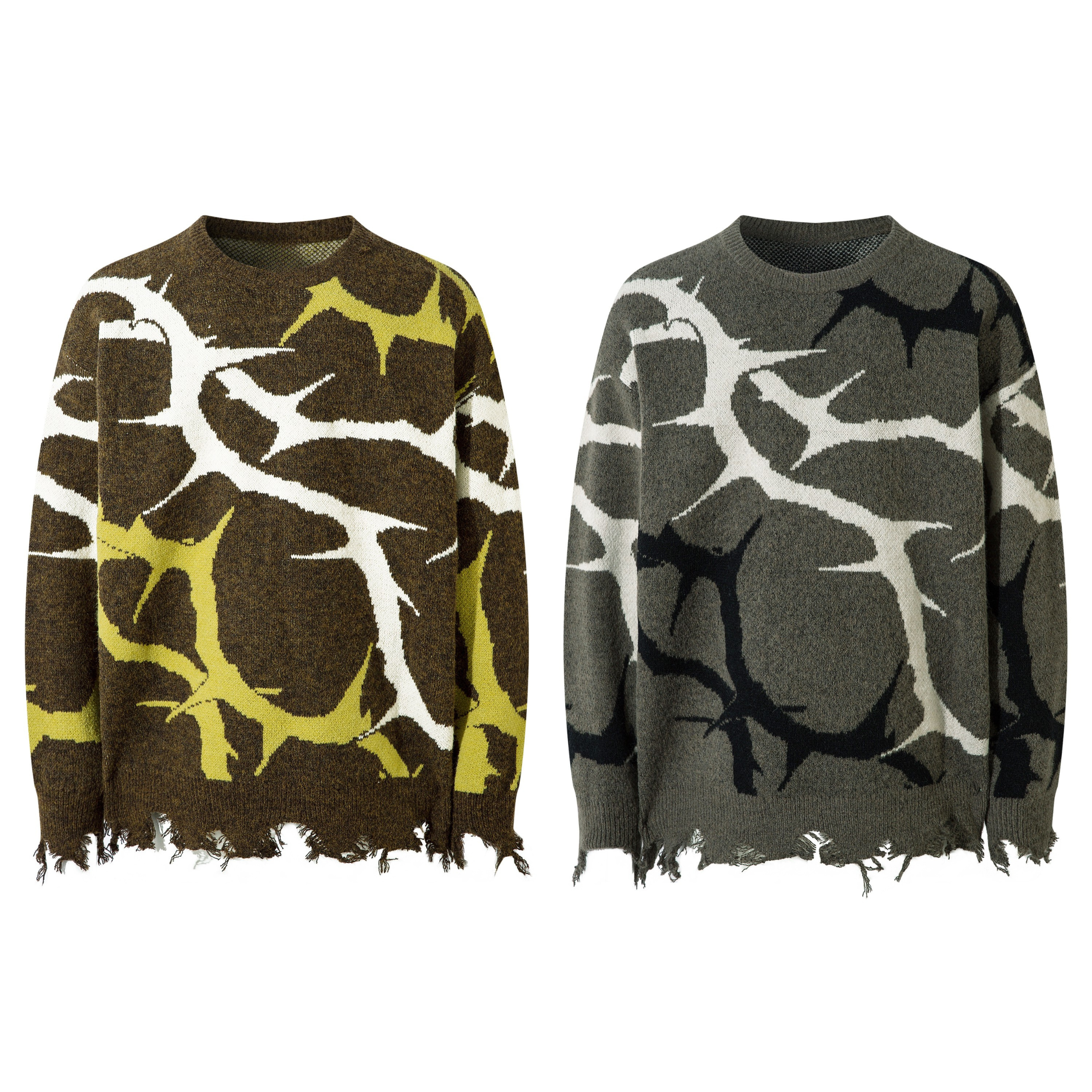 Olive brown and grey abstract camo distressed knit sweaters with frayed hem, shown side by side on white background