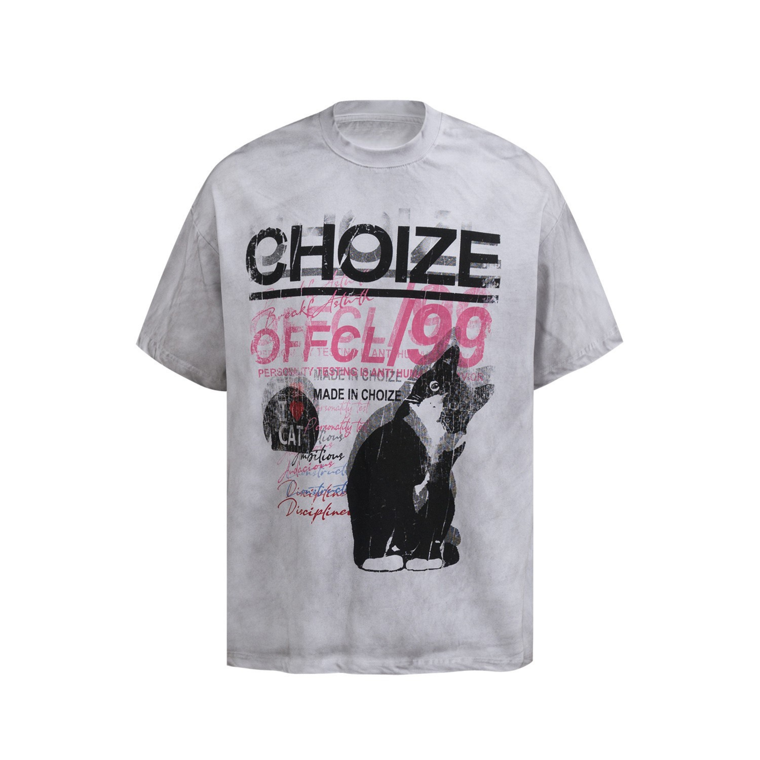 Grey vintage-washed oversized tee with distressed CHOIZE 1999 typography and tuxedo cat graphic print on the front