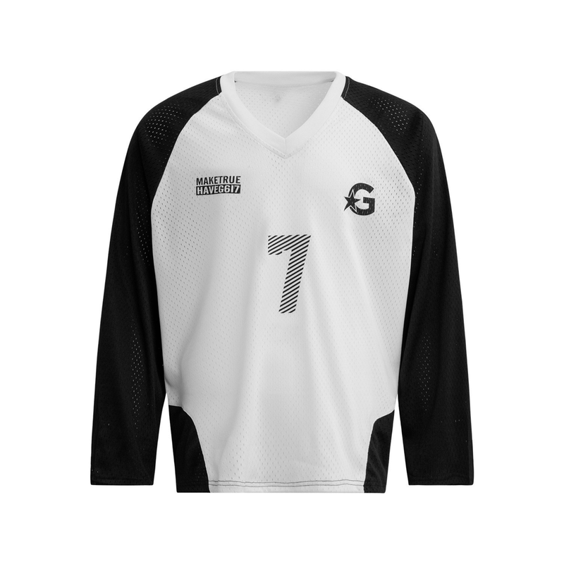White long-sleeve mesh jersey with black sleeves, V-neck, front view and number 7 graphic