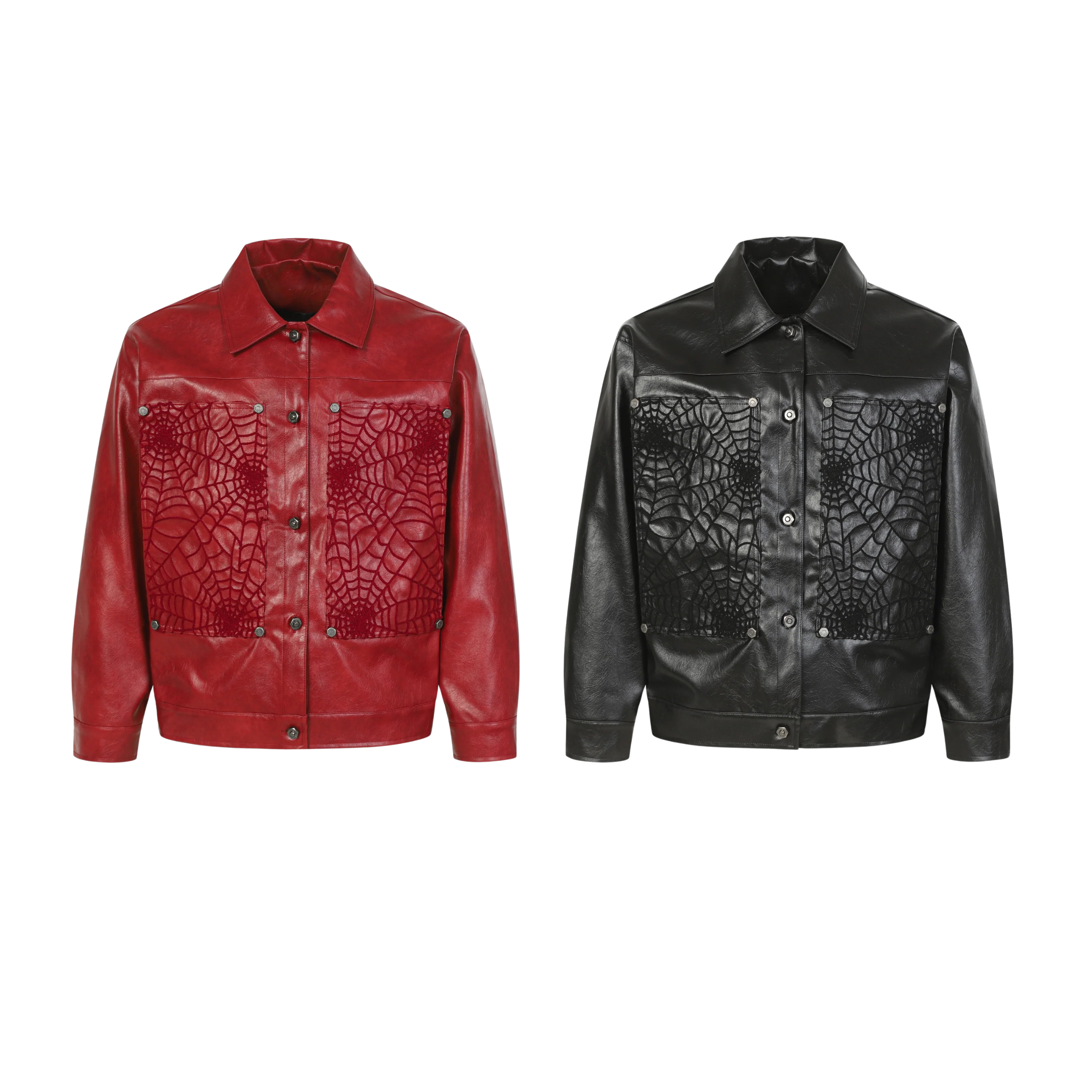 Red and black faux leather jackets with spider-web embossed chest panels and gunmetal snap buttons, displayed flat on white b