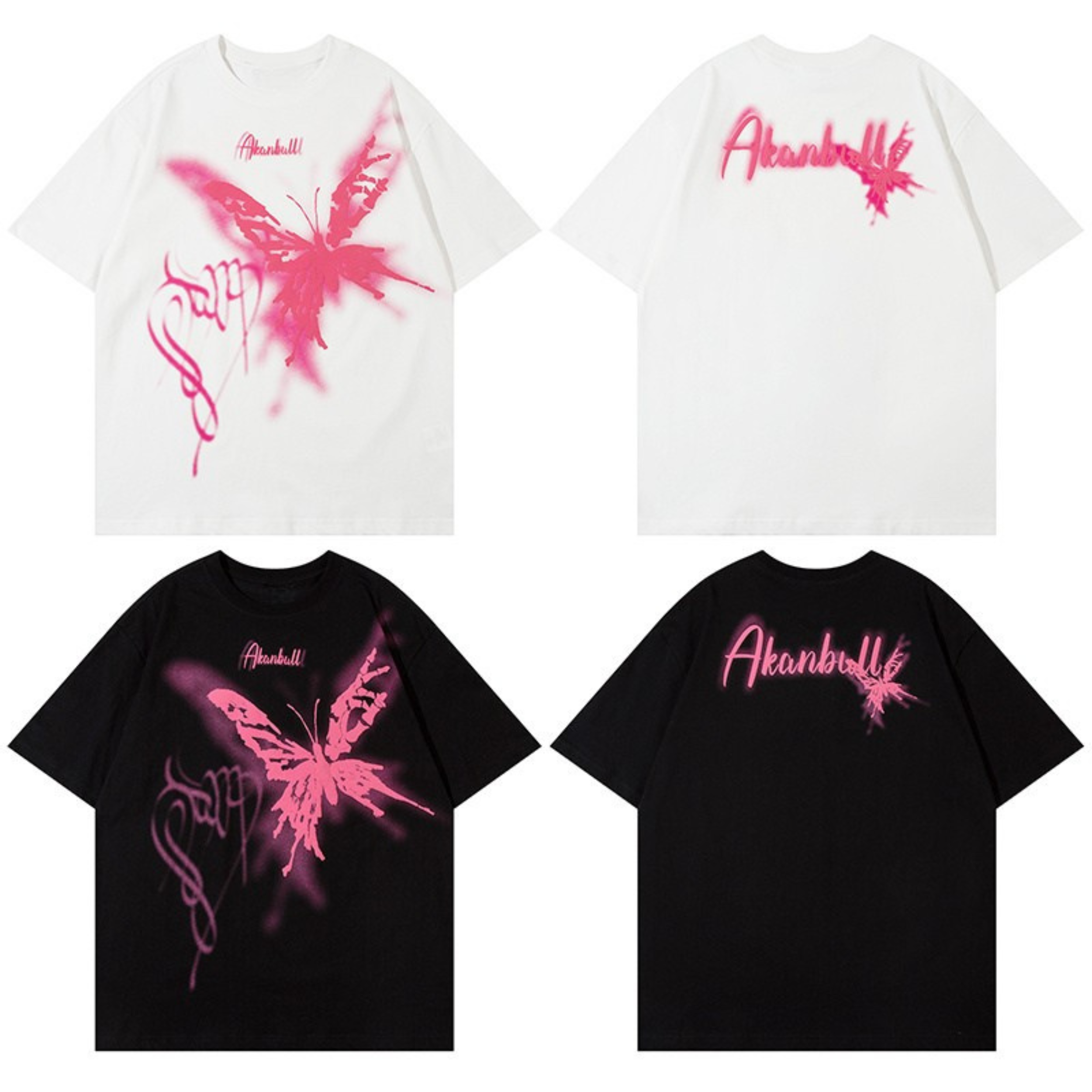 White oversized t-shirt with pink spray-paint butterfly graffiti graphic and script lettering on the front