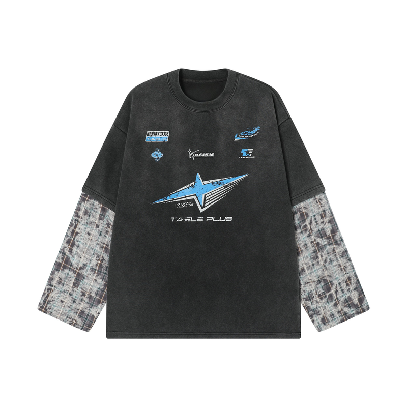 Black long sleeve tee with blue futuristic graphics and plaid layered sleeves, front view