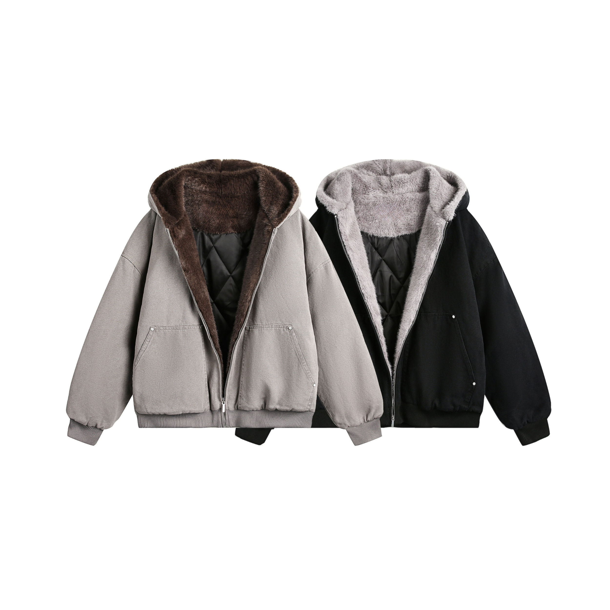Grey and black faux fur-lined zip-up hooded bomber jackets displayed flat, showing plush interior lining and quilted inner st