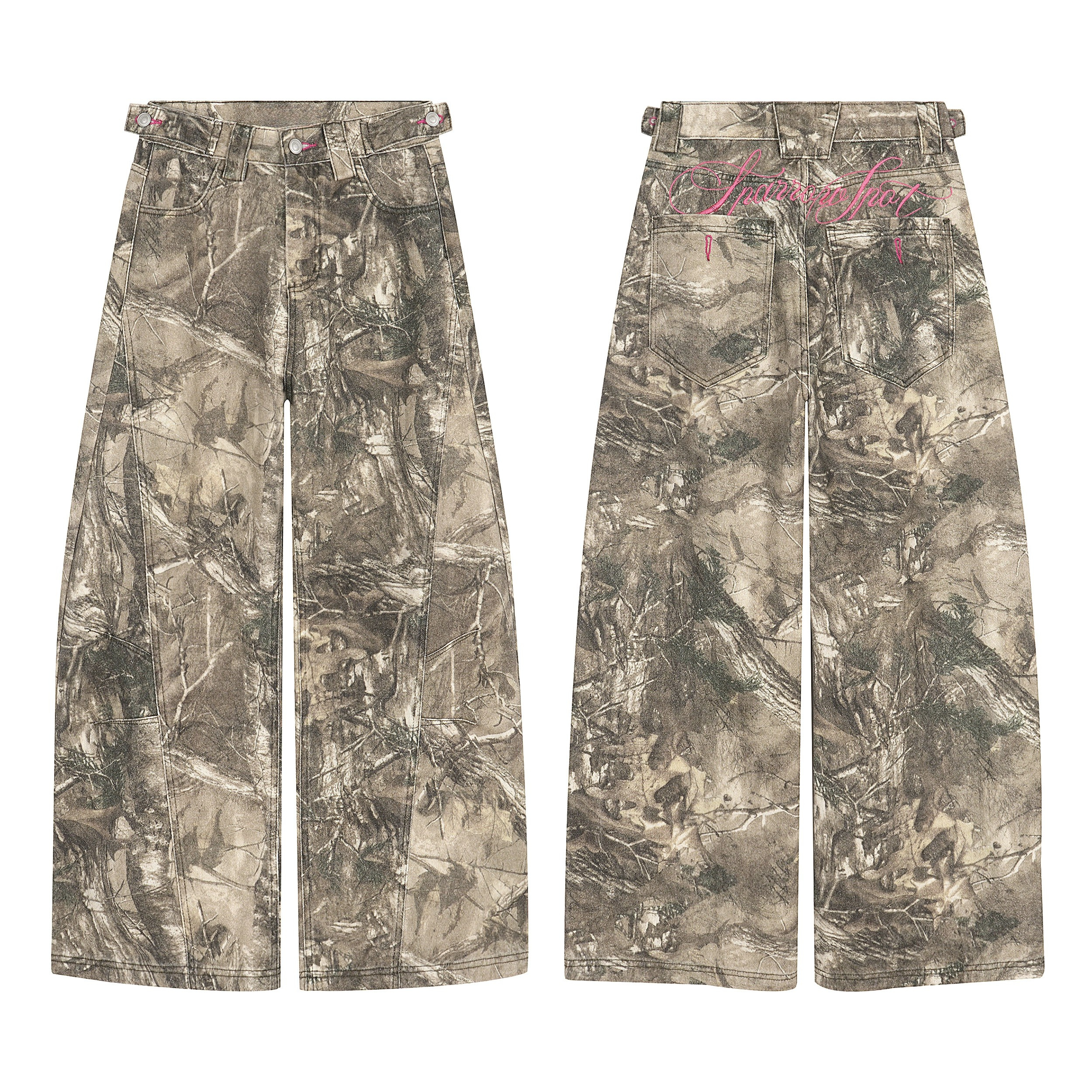 Front and back view of Omirad forest camo wide-leg pants with pink script embroidery on back pockets