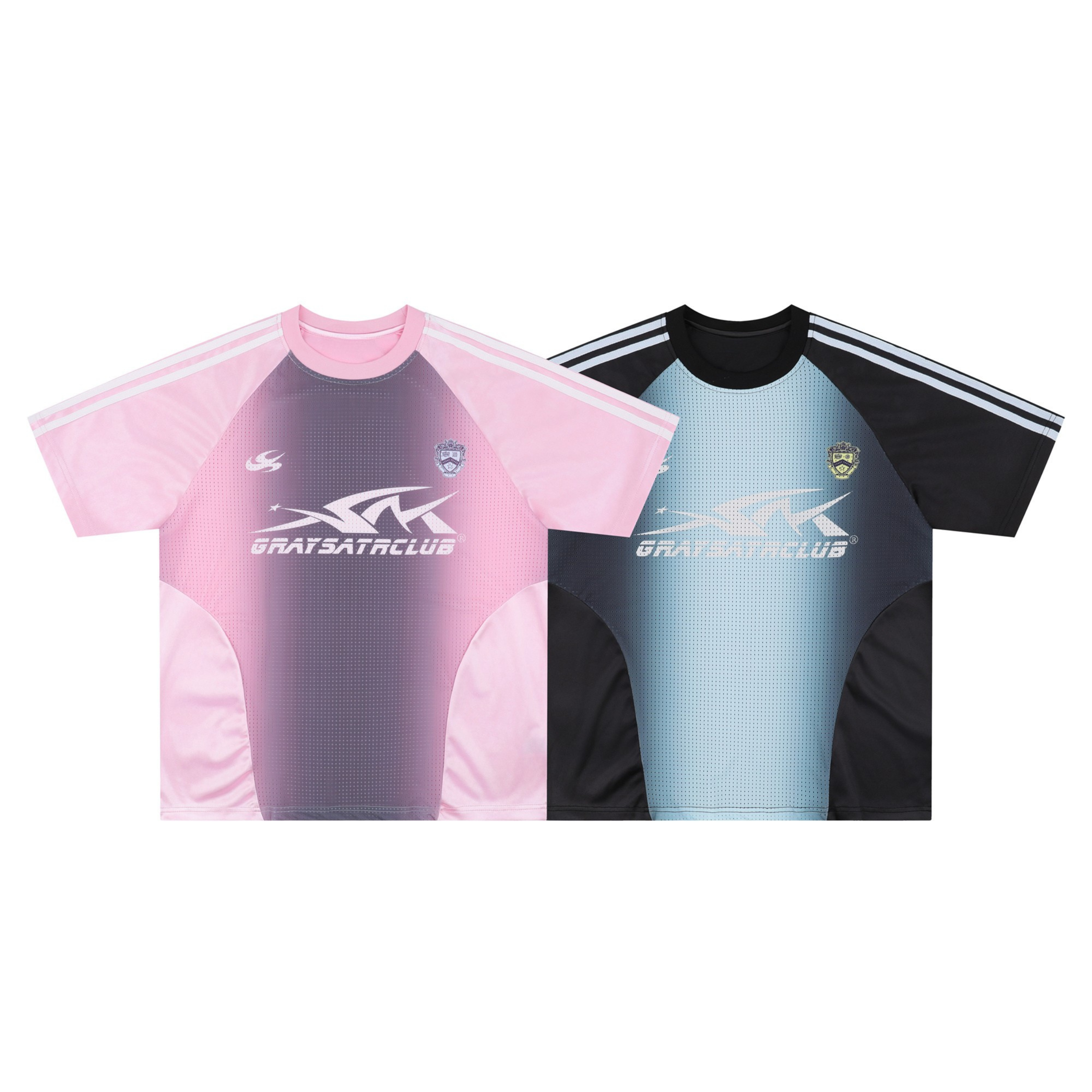 Gray Satr Club gradient racing mesh tee in pink and purple with raglan sleeves, triple stripe shoulders, and chest logo graph
