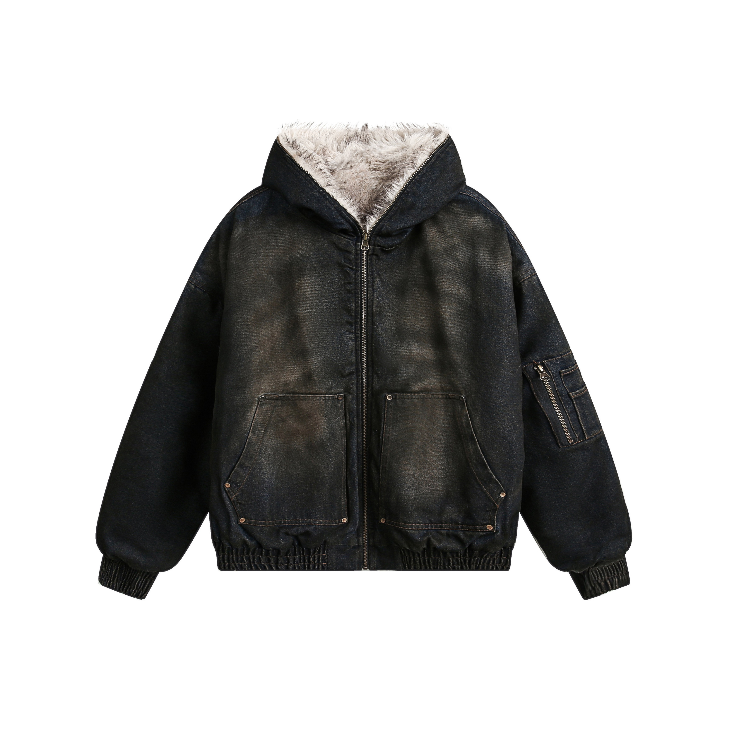 Fur-Lined Washed Hooded Bomber Jacket | Winter Streetwear