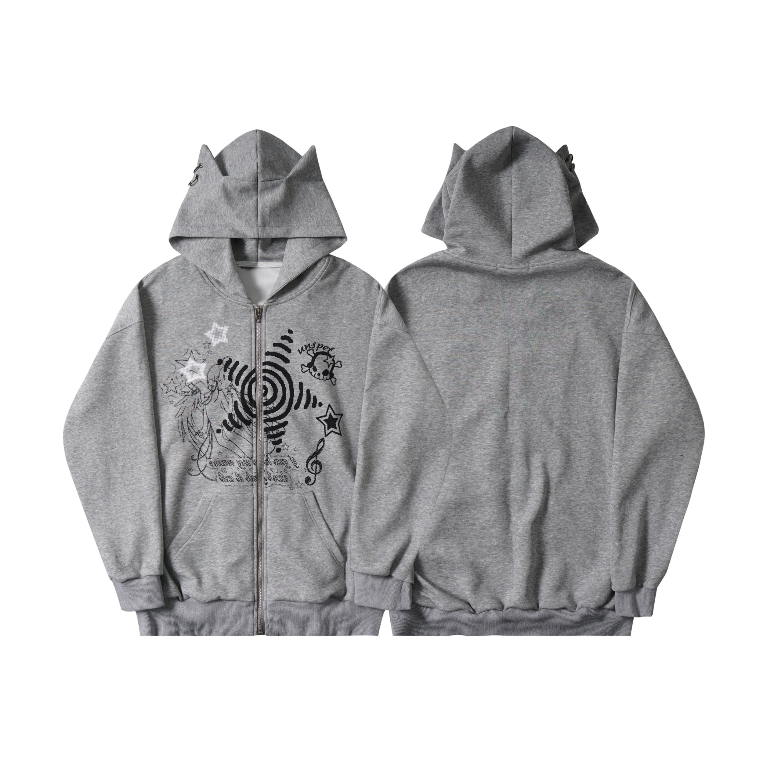 Grey zip-up hoodie with cat ear hood, anime figure spiral and star graphic print on chest, front and back view