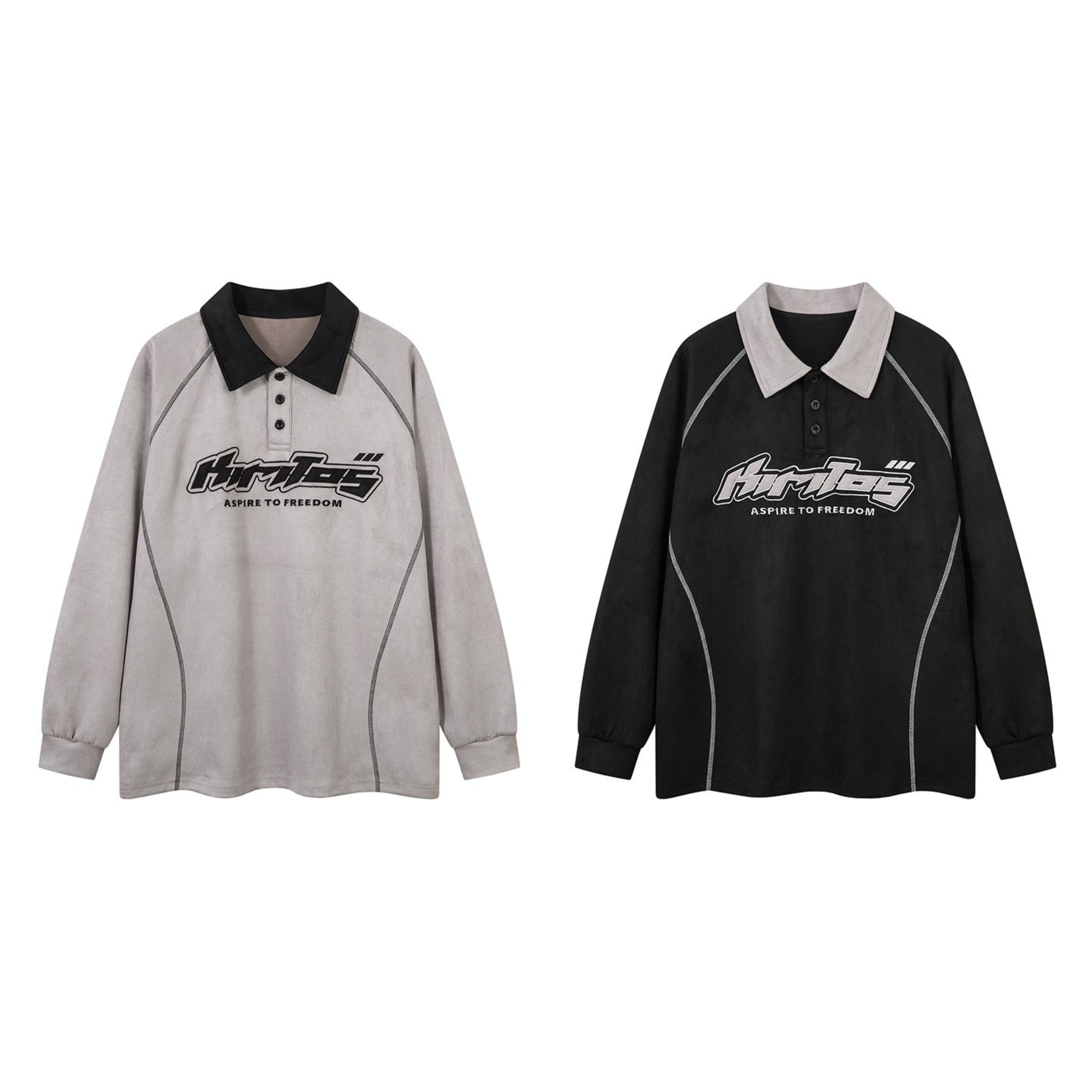 Grey long-sleeve polo shirt with black contrast collar, curved seam lines, and bold racing logo graphic on chest