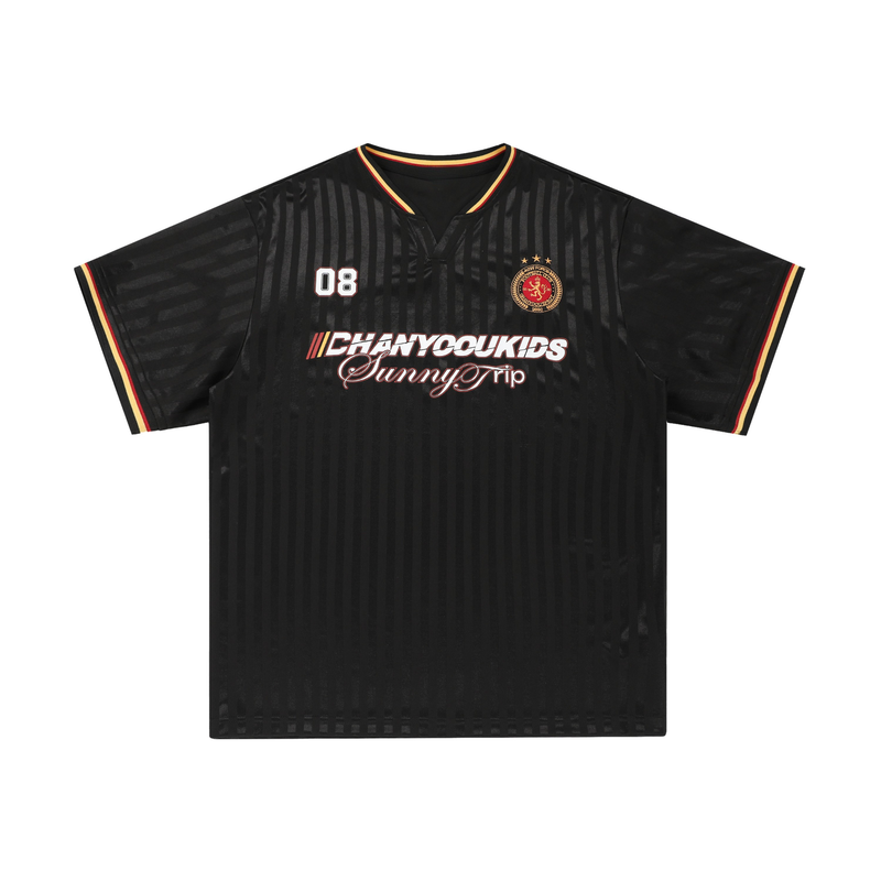 Black mesh soccer jersey tee with striped trim, varsity crest, and Sunny Trip logo on the chest