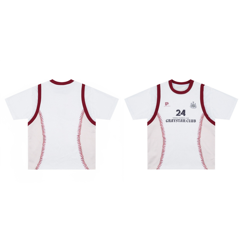 White baseball mesh tee with burgundy trim and curved stitch details, shown front and back in retro jersey style