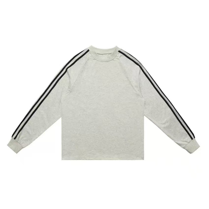 Light gray long sleeve tee with double black stripes down the sleeves, front view