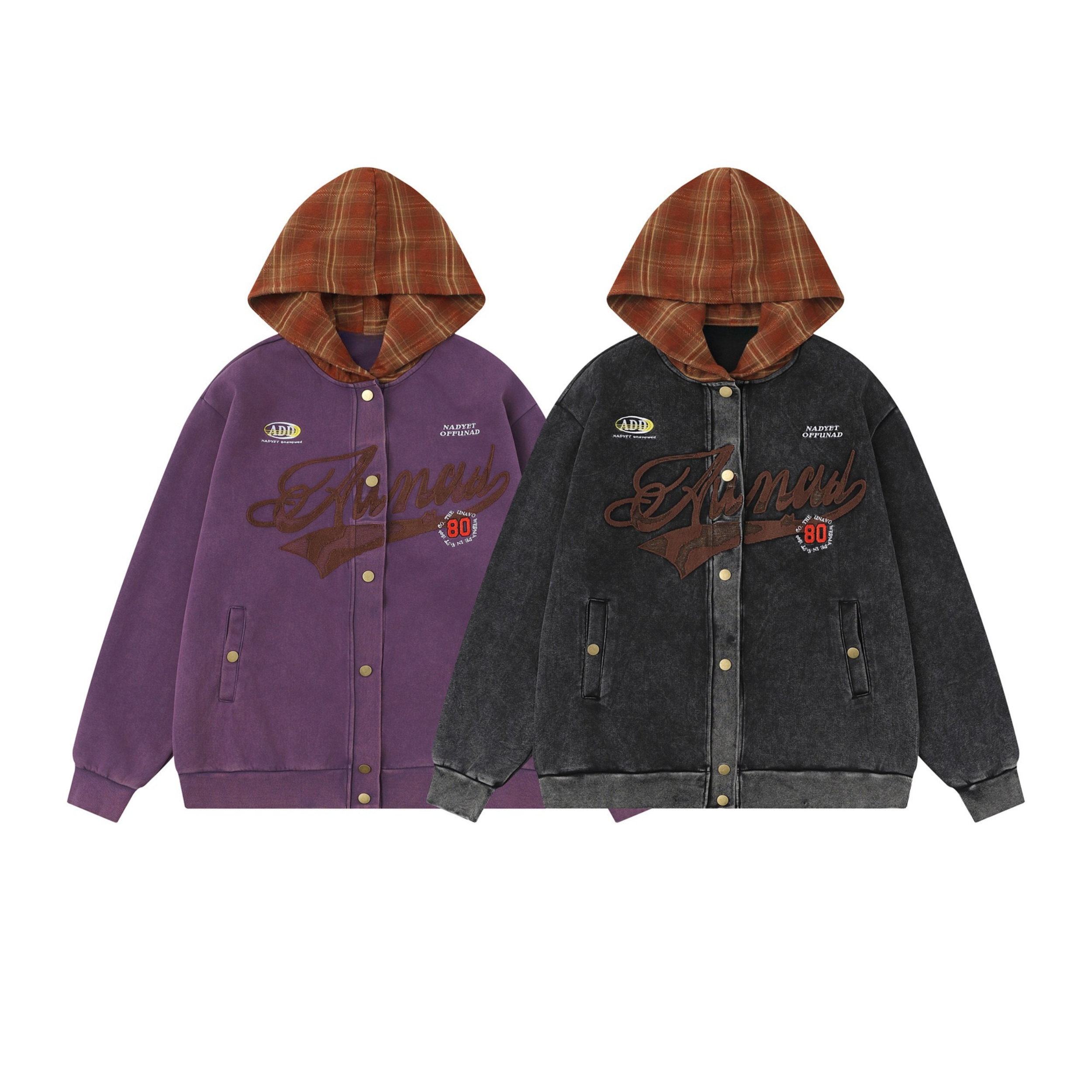 Omirad vintage hooded varsity jacket in washed purple with chenille script lettering, plaid rust hood and gold snap buttons
