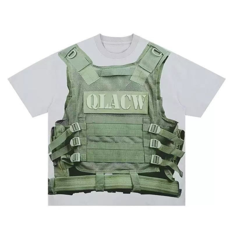White graphic tee with a green tactical vest print and buckle straps, featuring bold military streetwear styling on the front