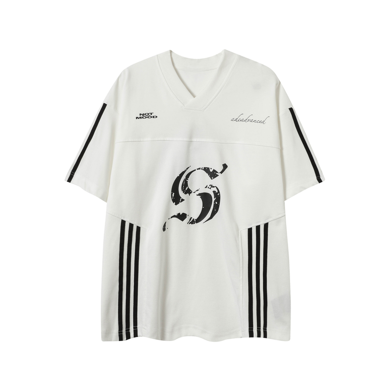 White oversized V-neck street tee with black stripe accents and bold graphic print on the front