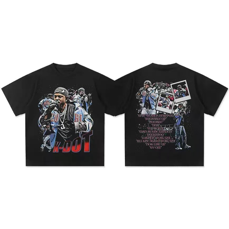 Black washed vintage graphic tee with K-Dot stage print on front and collage-style back design