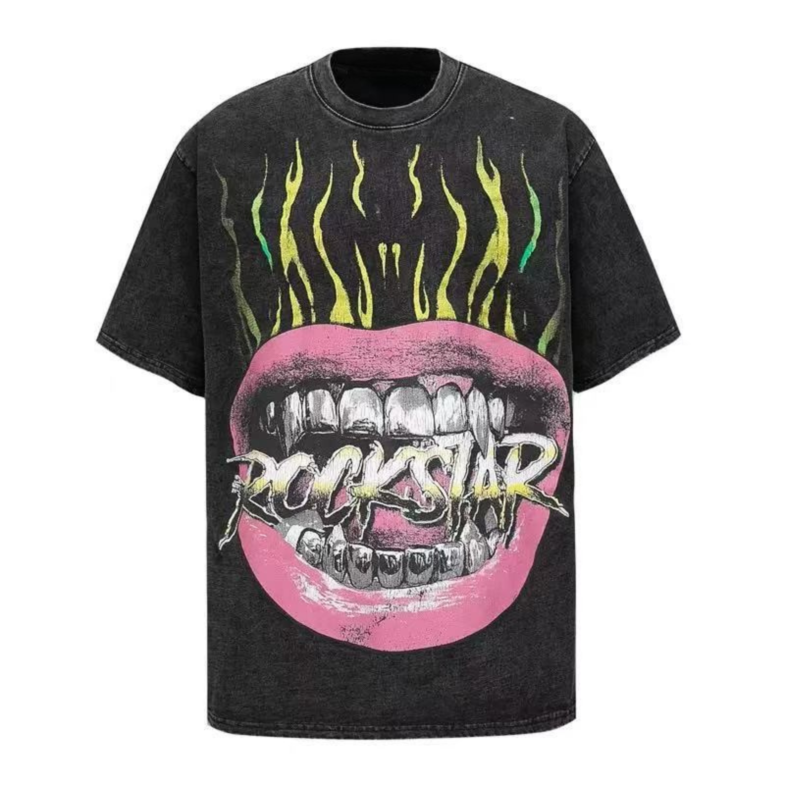 Washed black oversized graphic tee with pink lips, silver grillz, flame artwork and Rockstar text print on chest
