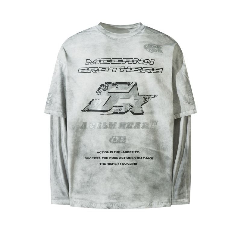 Front view of gray McCann Brothers long sleeve tee with layered racing graphic