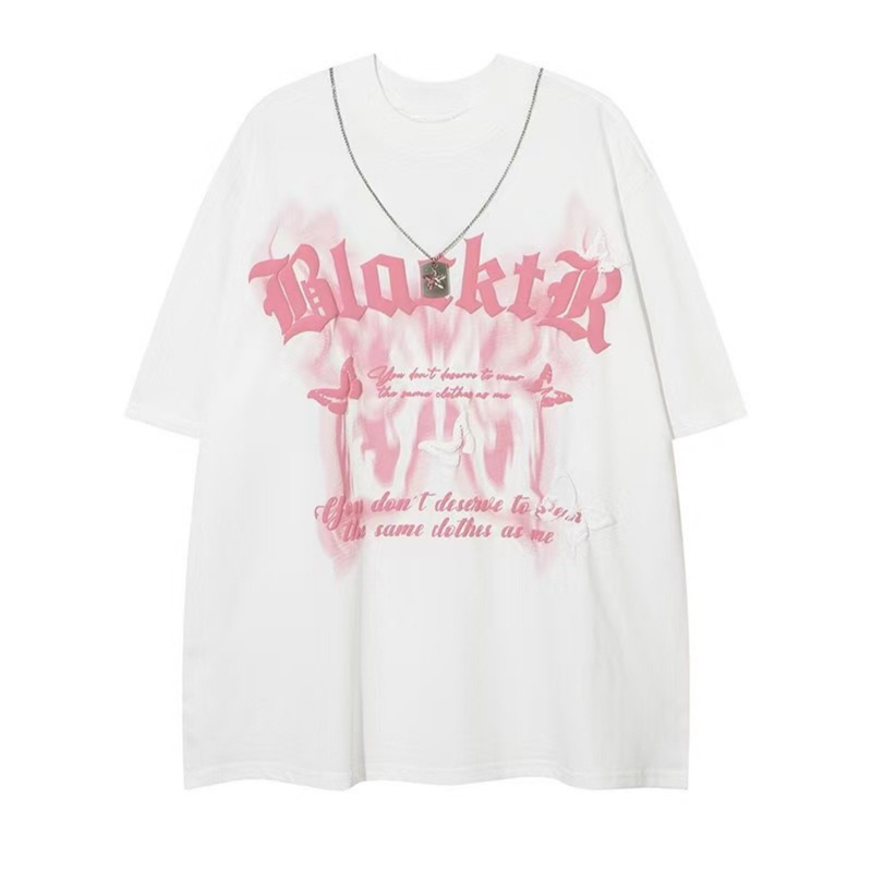 White oversized tee with pink gothic Blacktar graphic and butterfly print on the front, styled with a chain necklace display