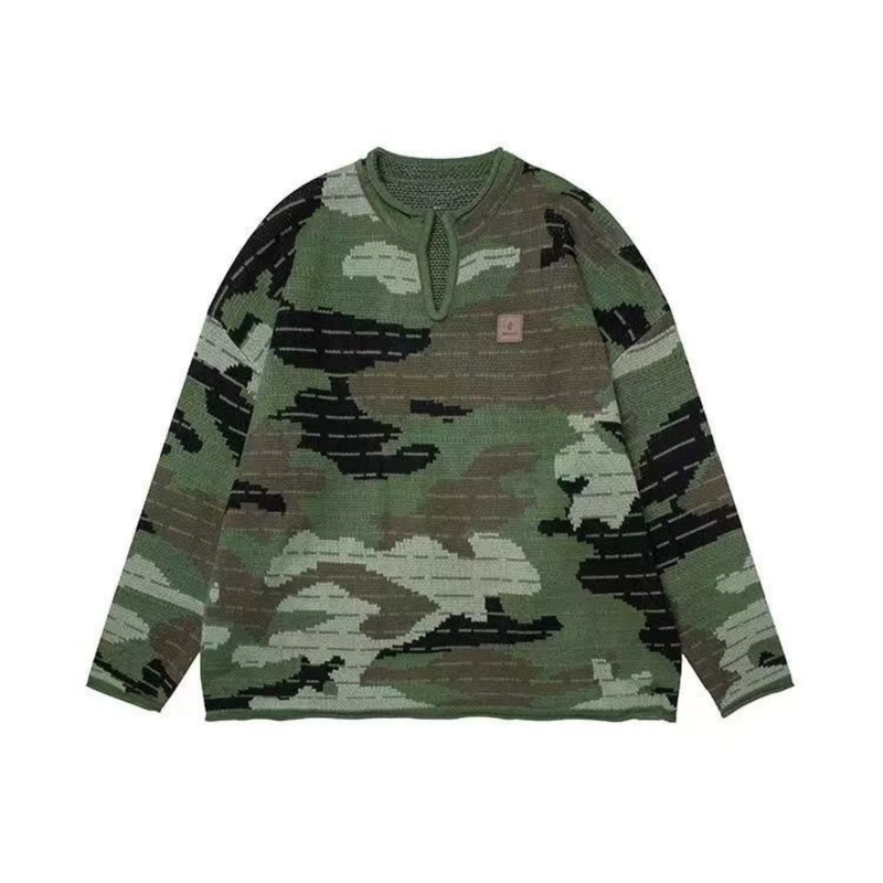 Green camo jacquard knit pullover sweater laid flat, front view