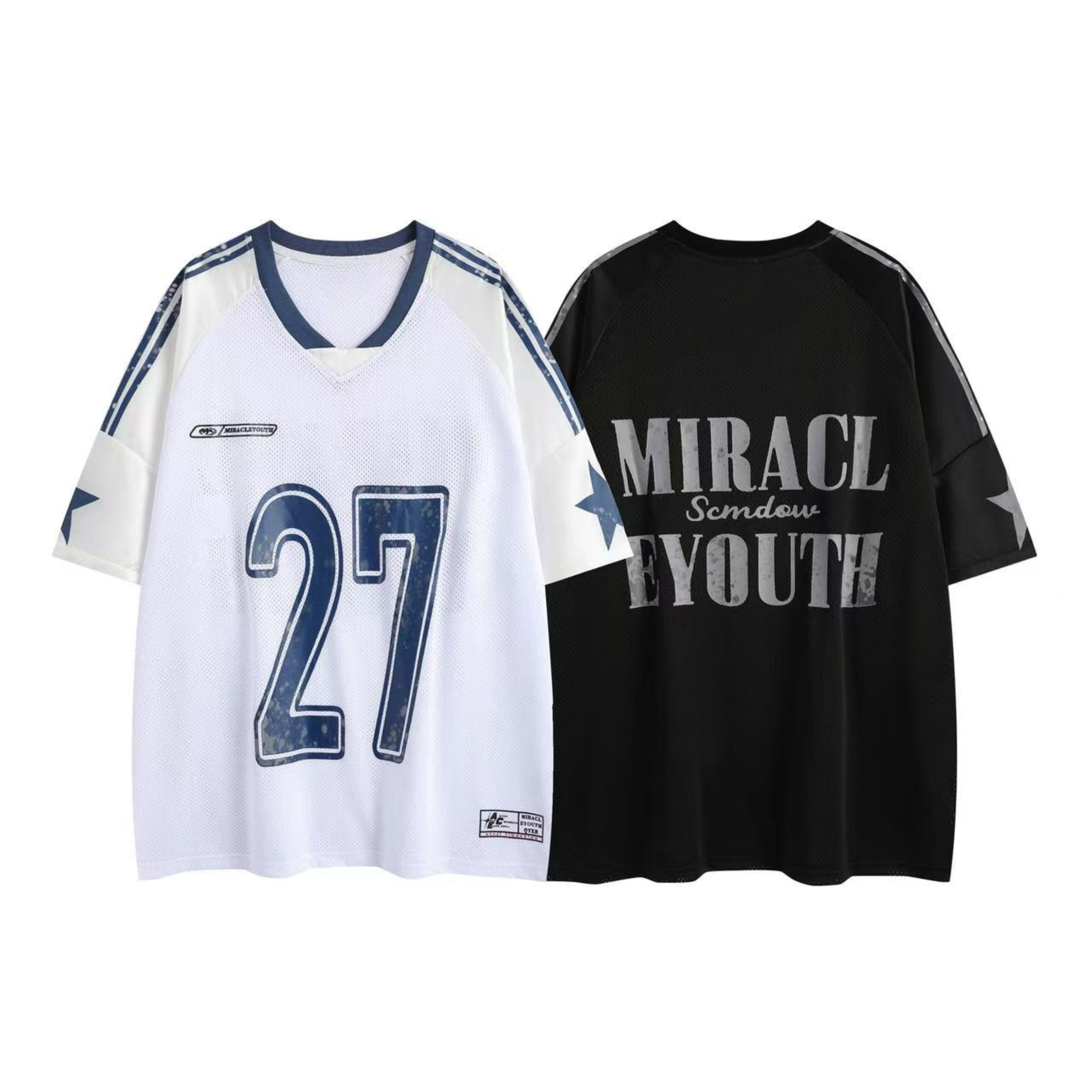 White oversized mesh jersey tee with distressed navy blue number 27 front print, contrast stripe raglan sleeves and star grap